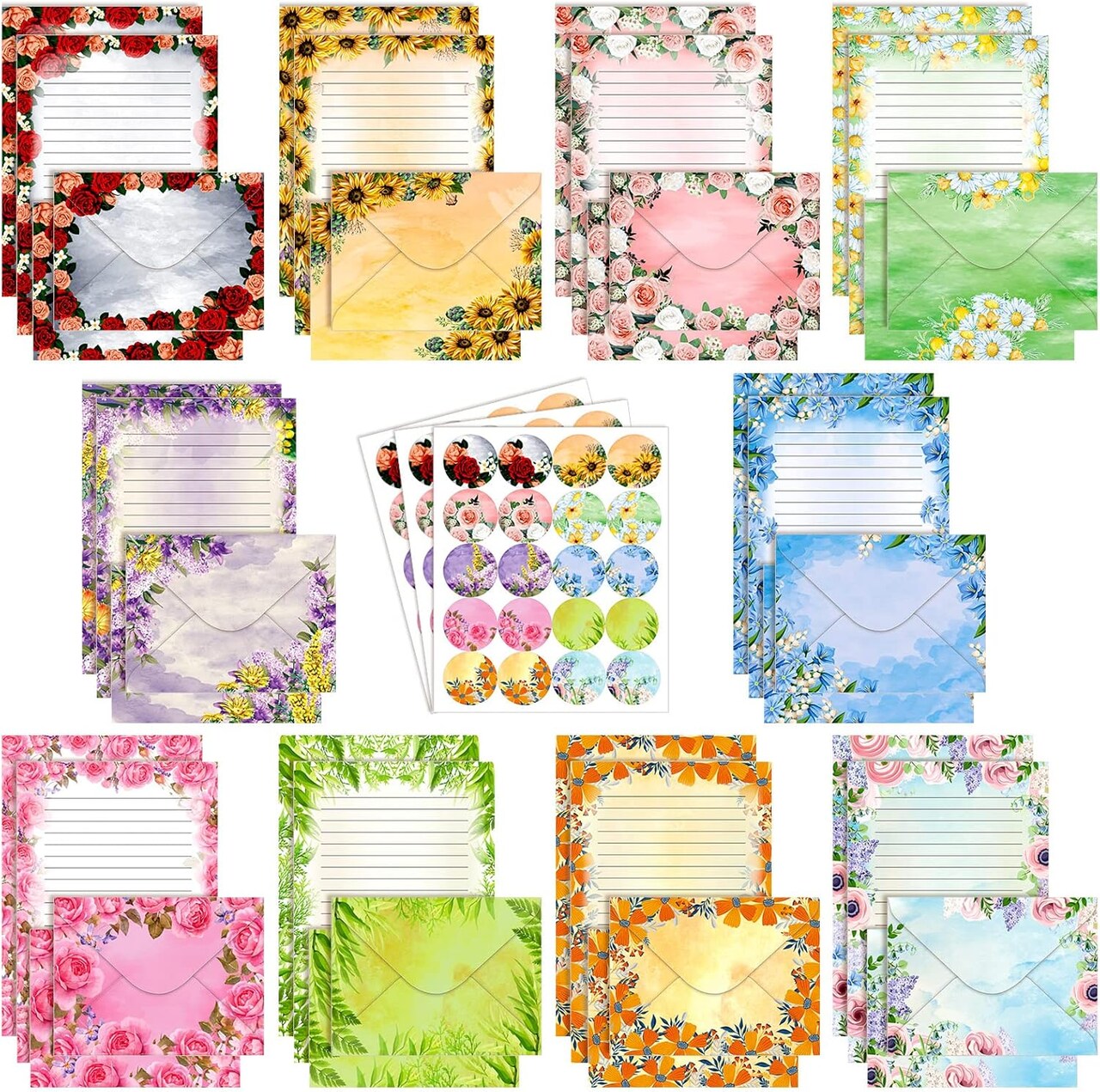 160 Packs Stationery Paper Set (50 Double Sided Stationery Writing Papers 50 Matching Envelopes) 60 Round Dot Sticker, 10 Design(Flower,5.5 x 8.25 Inch)